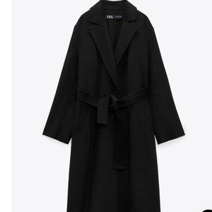 NWT black long coat 50% wool blend coat|belted| lapel collar| side slit |size S